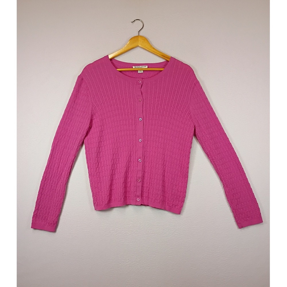 Preppy Pendleton Womens Large Petite Pink 100% Merino Wool Cable Knit Cardigan